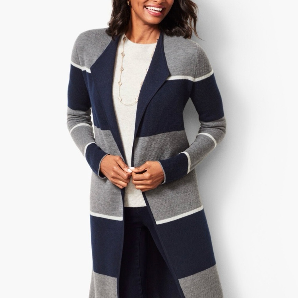 Talbots Pure Merino Wool Long Duster Open Cardigan Navy Blue Gray Size XL‎